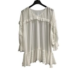 Snidel Top Women M‎ White Gauzy Sheer Tiered Ruffle Tunic Smocked Coastal Beach